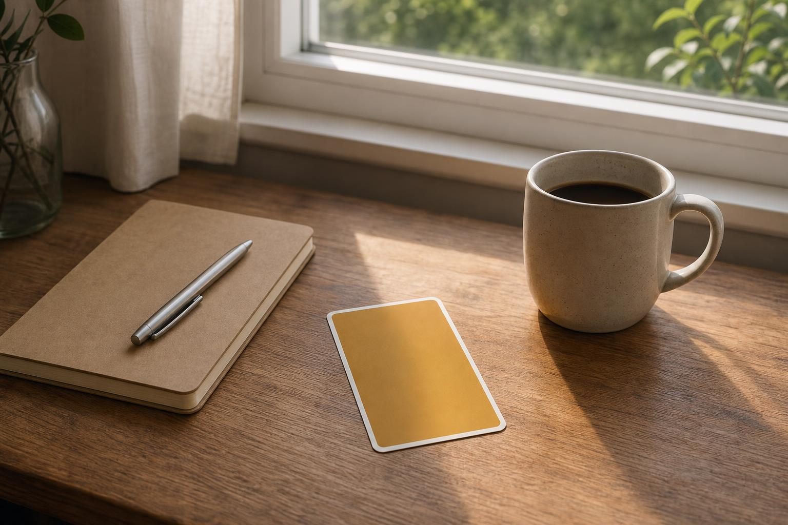 朝の窓辺の机に閉じたノートと伏せたタロットカード、マグカップ