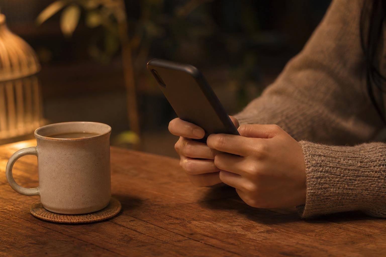 夜のテーブルでスマートフォンを両手で持つ手元とマグカップ