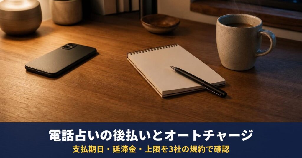 電話占いの「後払い」と「オートチャージ」のしくみ｜支払期日・延滞金・上限を3社の規約で確認（リノアは9月28日にオートチャージ導入）
