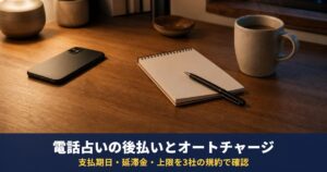 電話占いの「後払い」と「オートチャージ」のしくみ｜支払期日・延滞金・上限を3社の規約で確認（リノアは9月28日にオートチャージ導入）