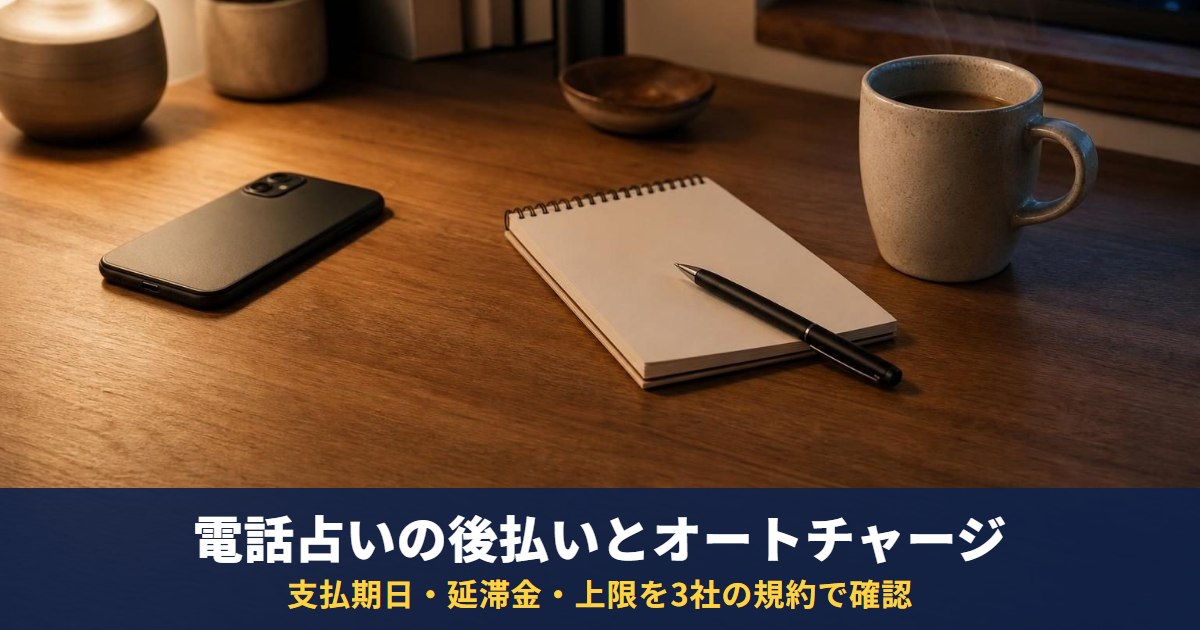電話占いの「後払い」と「オートチャージ」のしくみ|支払期日・延滞金・上限を3社の規約で確認(リノアは9月28日にオートチャージ導入)