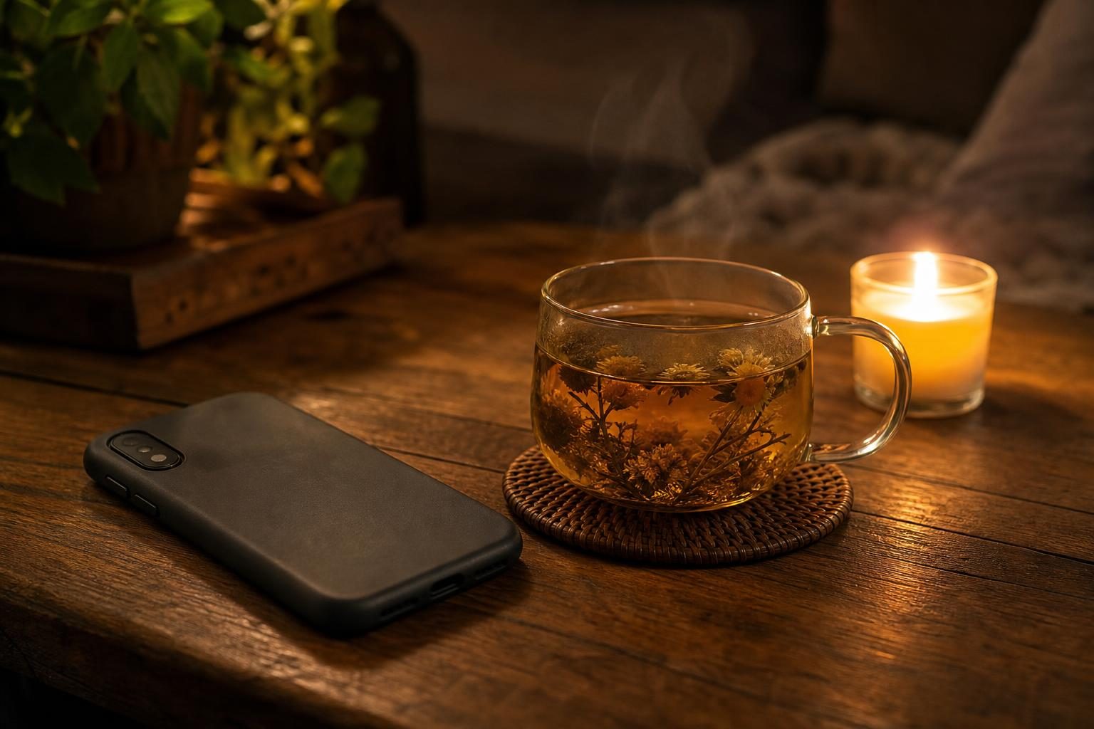 夜のテーブルに置かれた画面を伏せたスマートフォンとハーブティー