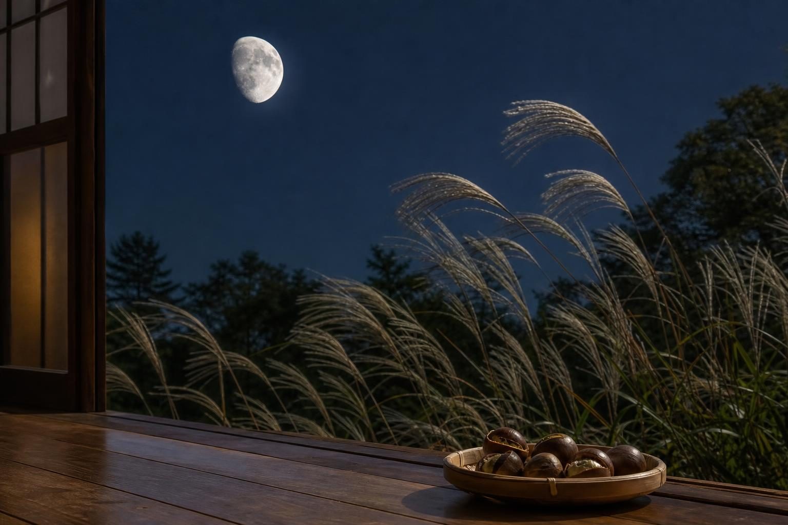 秋の夜空の少し欠けた月とすすき、縁側の盆と栗