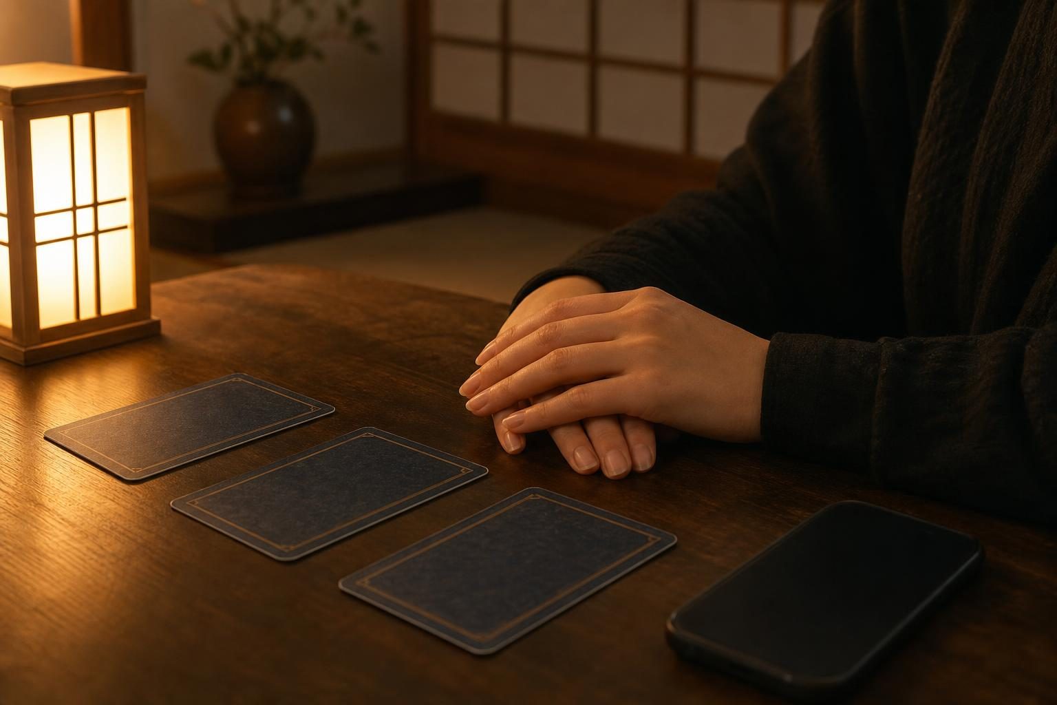 夜のテーブルに伏せたタロットカードと手元