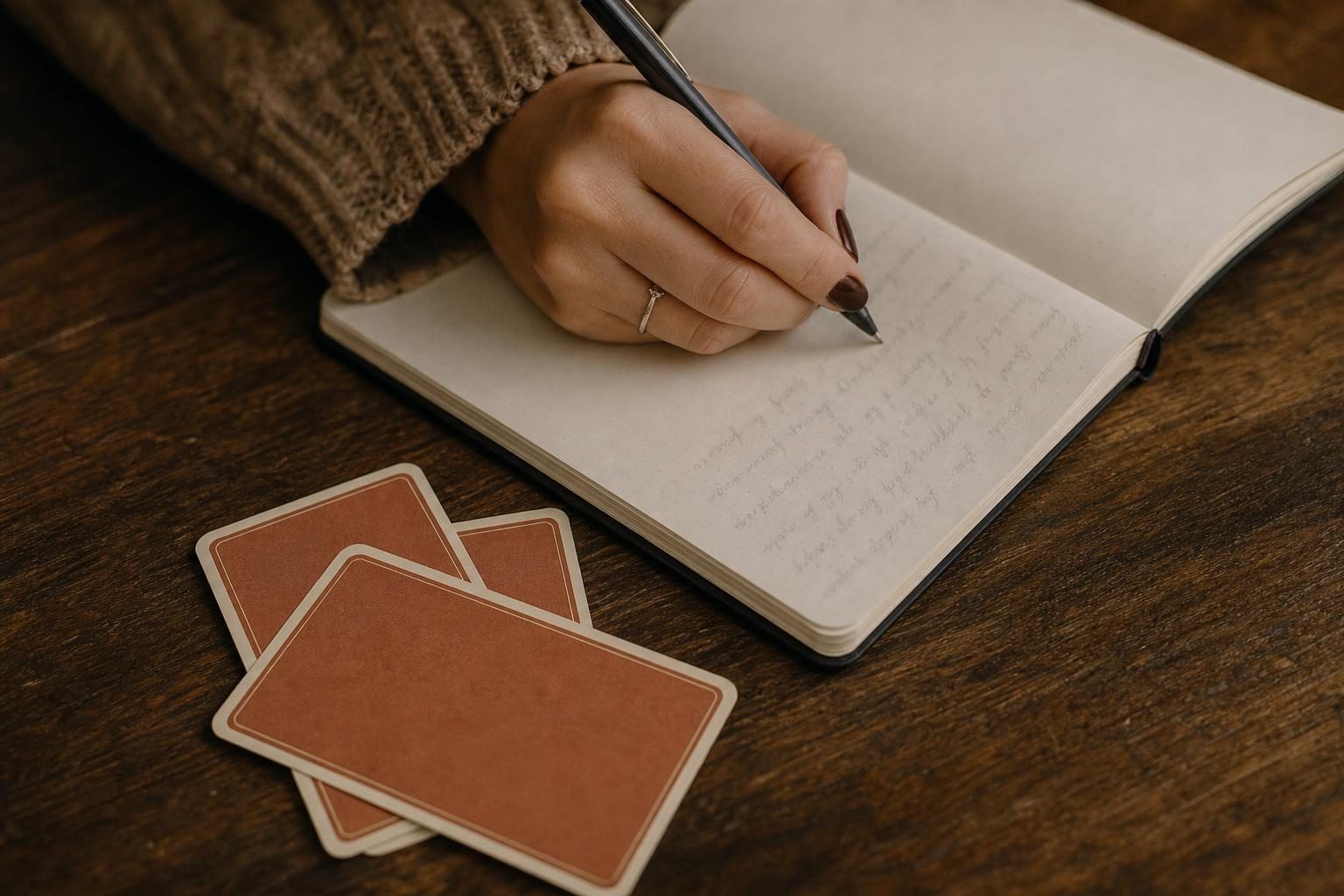 ノートに書きこむ手元と伏せたタロットカード