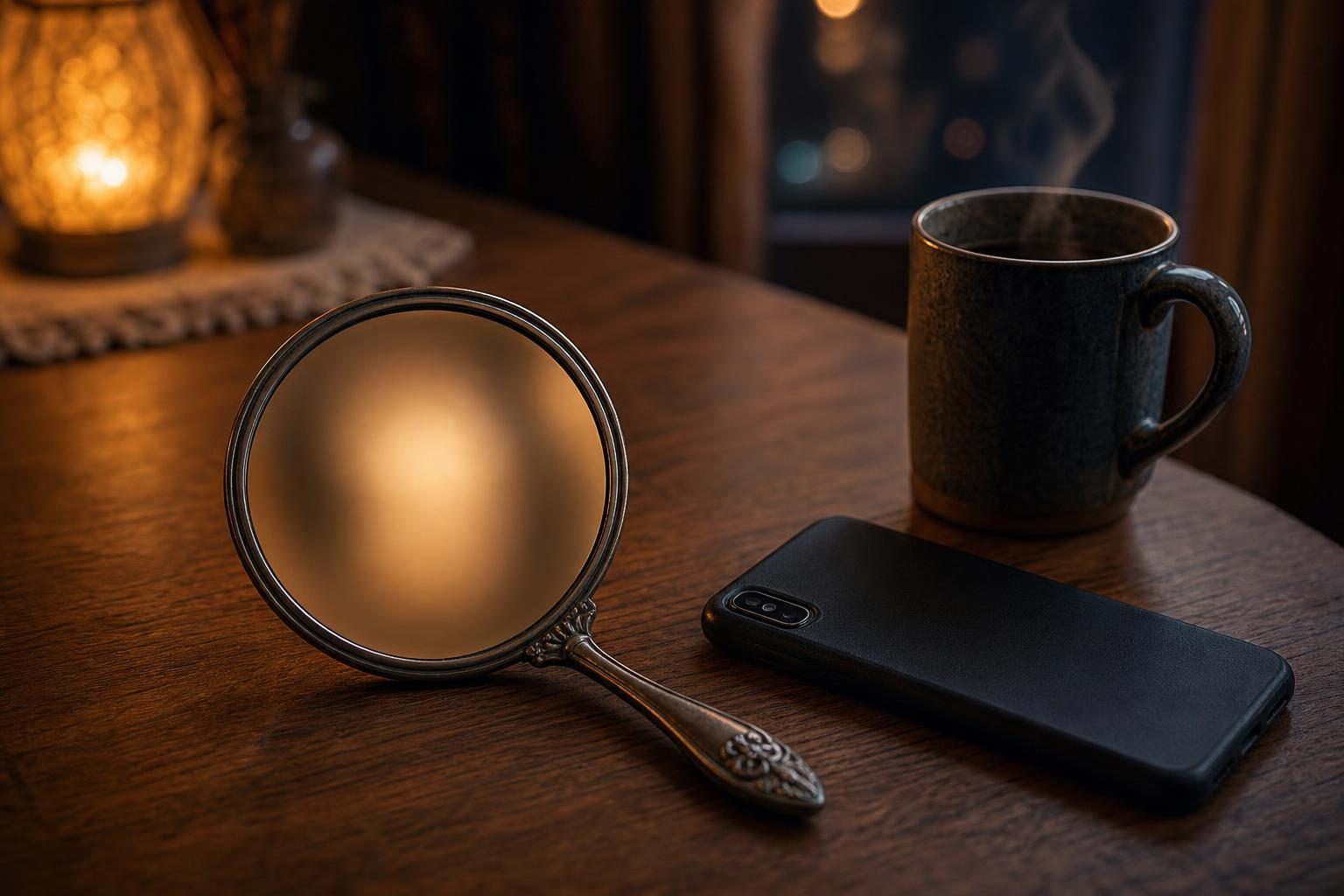 夜のテーブルに画面を伏せたスマートフォンと手鏡、マグカップ