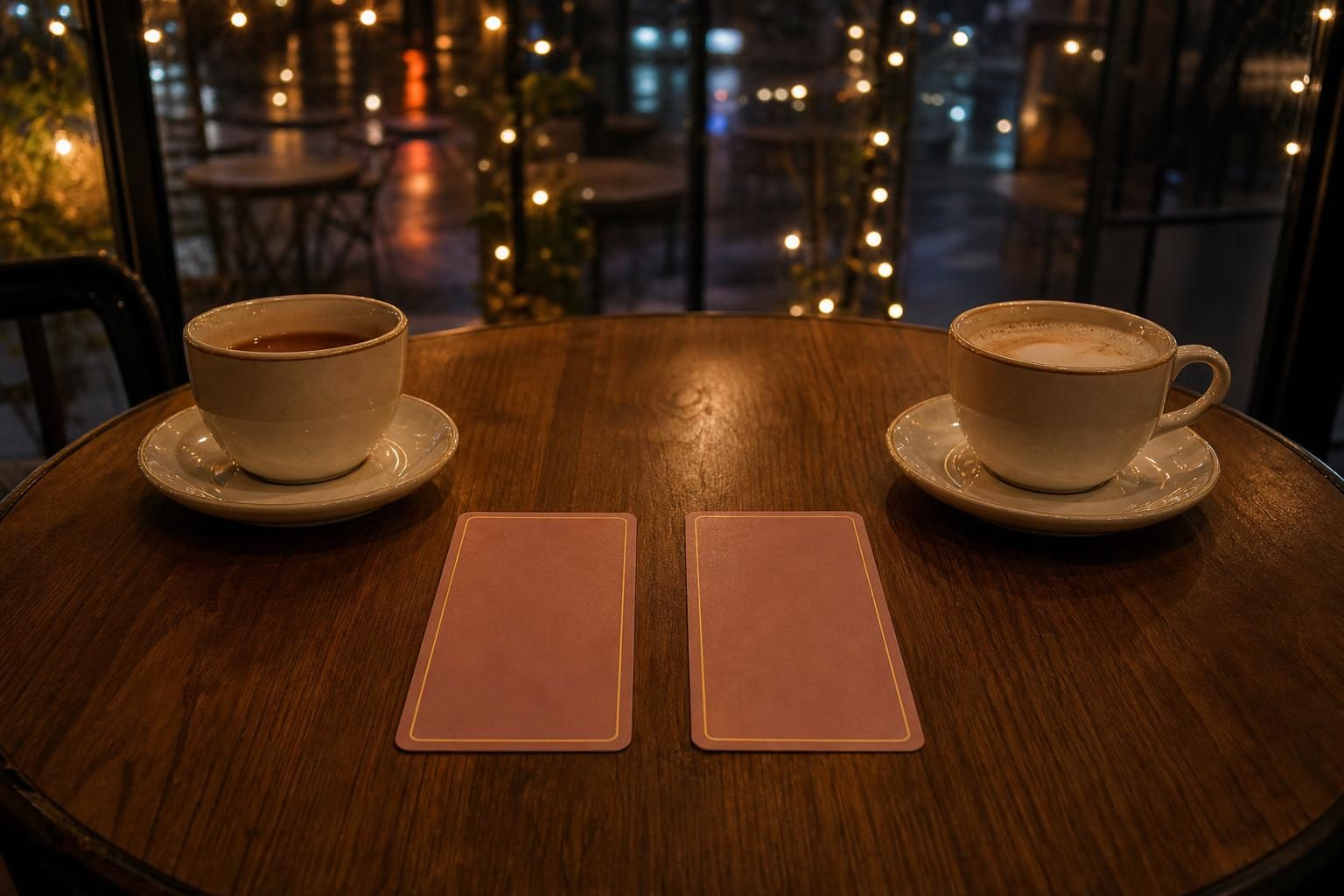 夜のカフェのテーブルに、2つのカップが向かい合わせに置かれ、そのあいだに伏せたタロットカードが2枚並んでいる