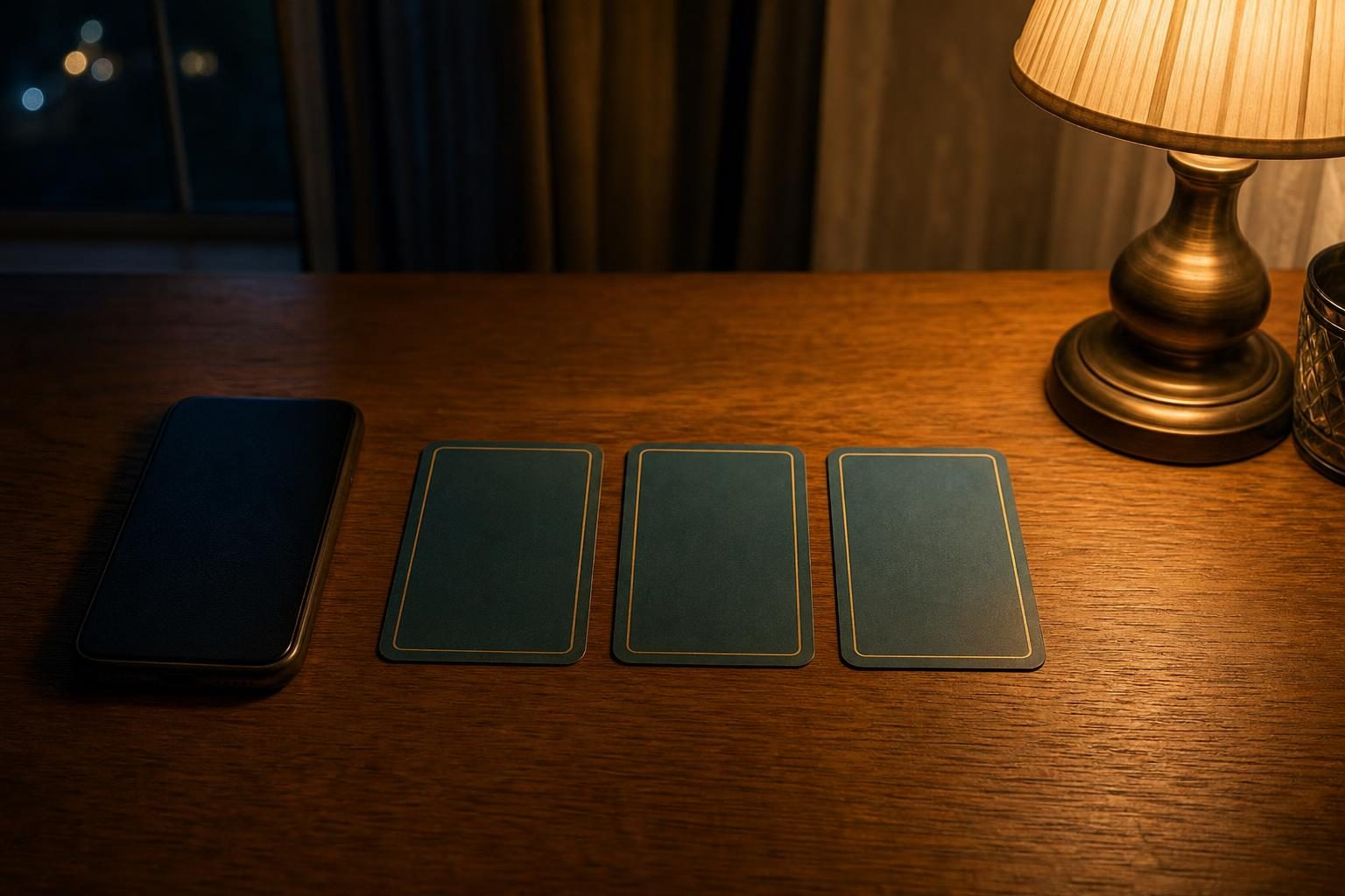 夜のテーブルに画面を伏せたスマートフォンと横一列に並んだ伏せたタロットカード