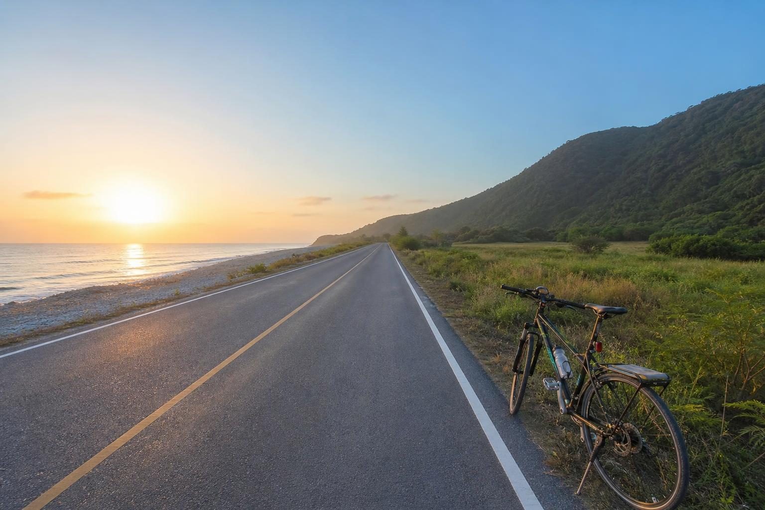 朝の海ぞいの一本道と、道ばたに止めた自転車