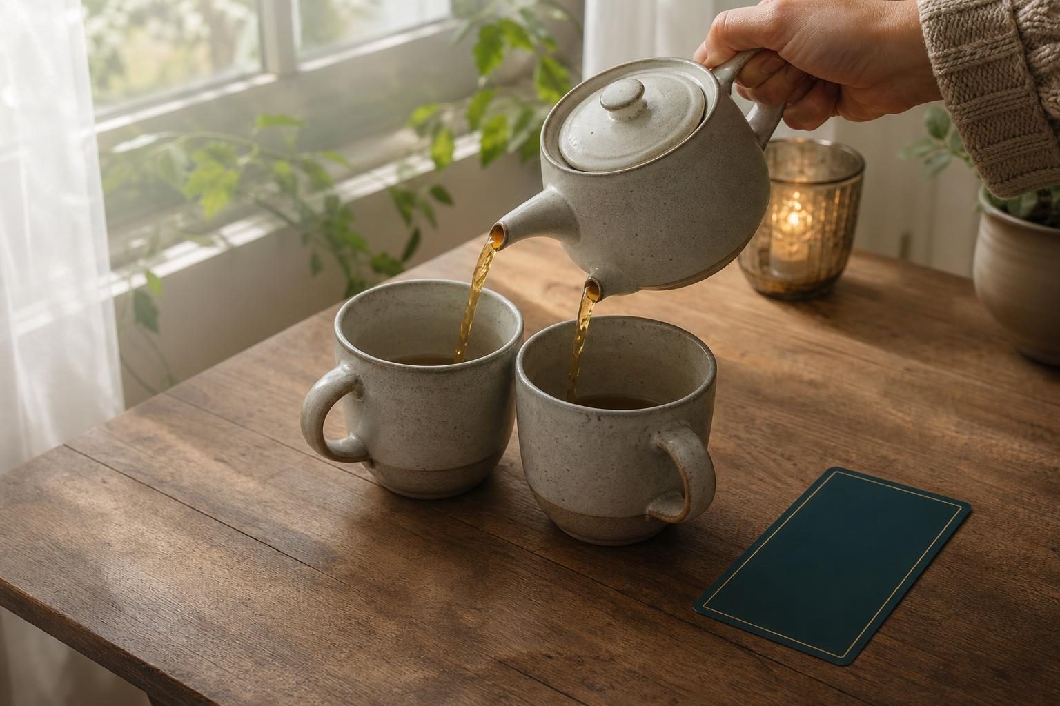 並んだ2つのマグカップに、ポットから同じ量のお茶をそそいでいるところを、手元だけ写した写真
