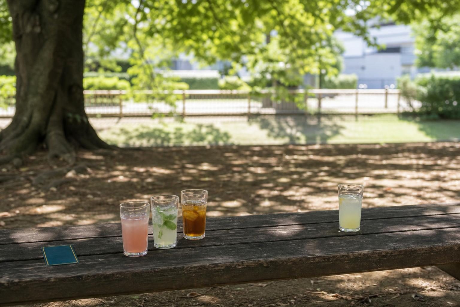 公園の木かげのベンチに、中身の入ったグラスが3つ並び、少し離れたところにもう1つグラスが置かれている