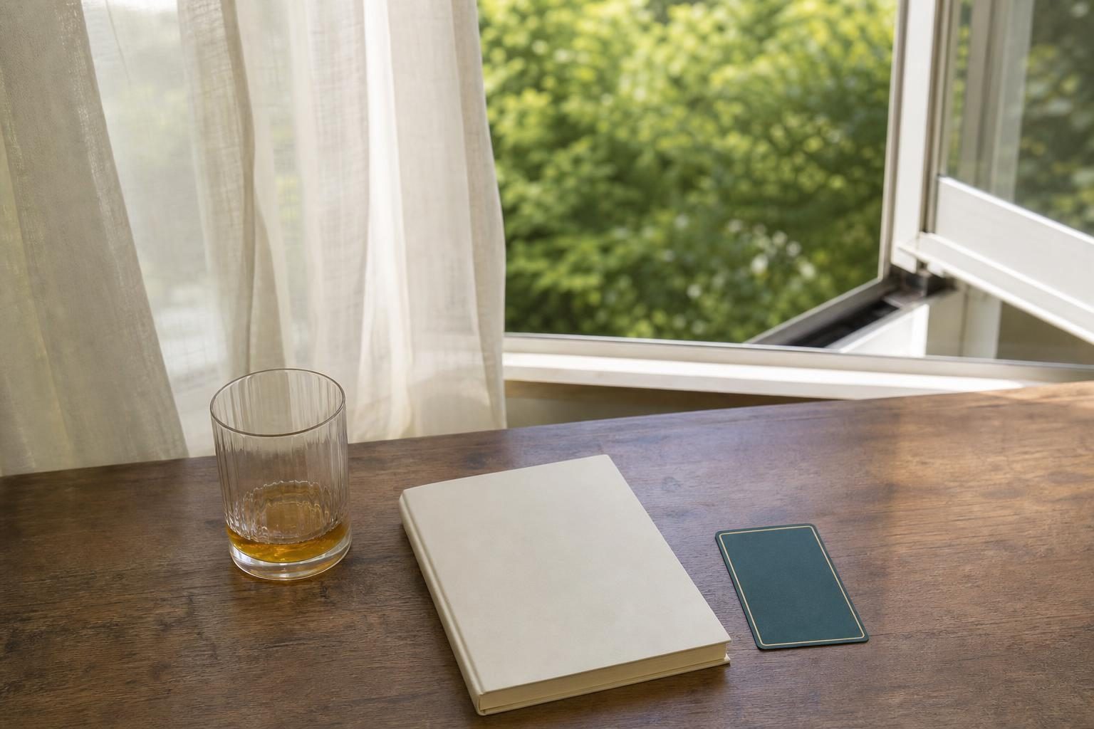 窓を開けた部屋の机の上に、飲みかけのグラスと、表紙に文字のない新しいノート、伏せたタロットカード1枚