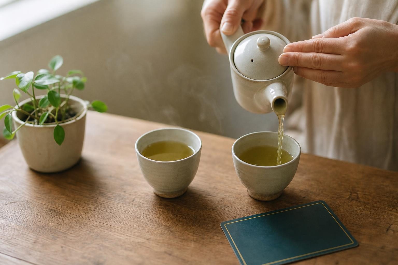 2つの湯のみに温かいお茶をそそいでいるところを、手元だけ写した写真