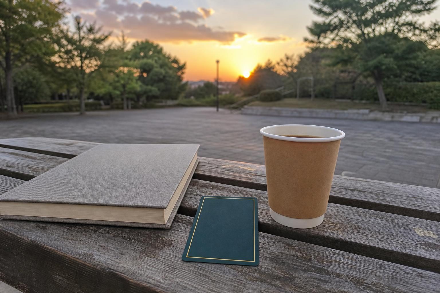 夕方の公園のベンチに、閉じた表紙に文字のないアルバムと、飲みものの入った紙コップ、伏せたタロットカード1枚