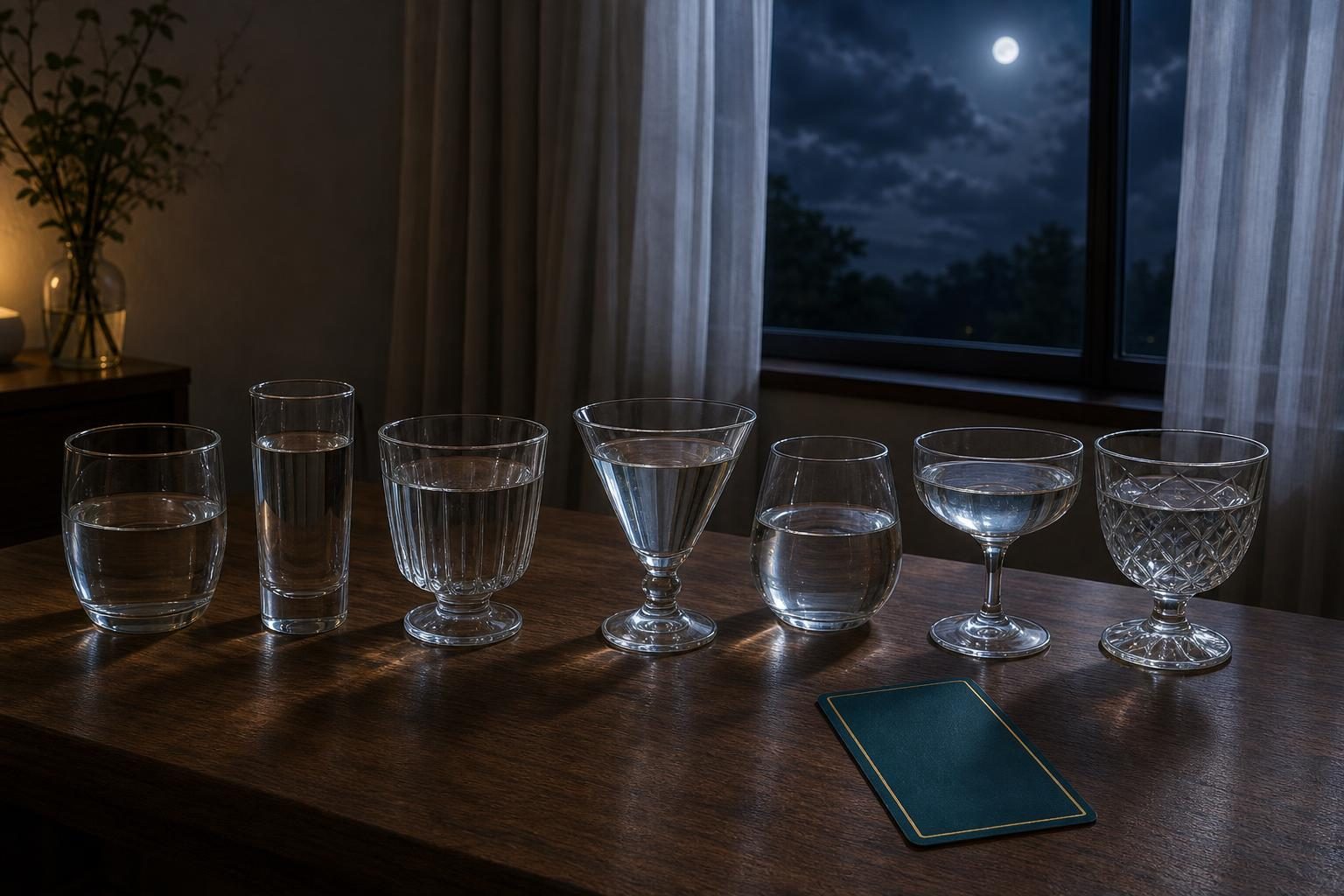 夜の部屋の机の上に、形のちがうグラスが7つ並び、窓から月明かりが差しこんでいる