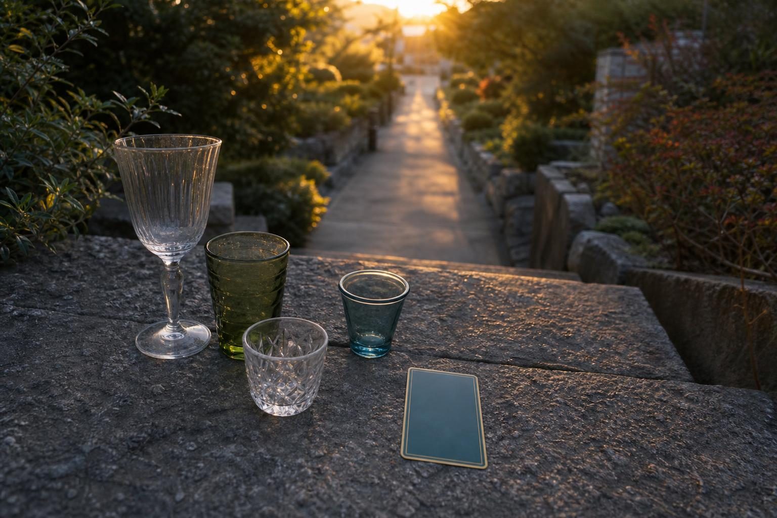 夕暮れの石段に、グラスがいくつか並べて置かれ、その先に小道が続いている
