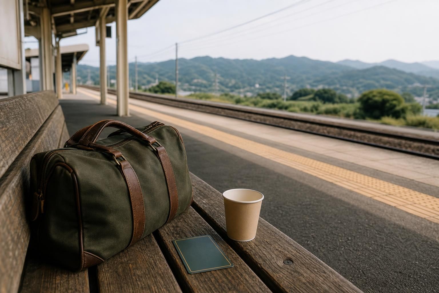 駅のホームのベンチに置かれた旅行かばんと、飲みかけの紙コップ、伏せたタロットカード1枚