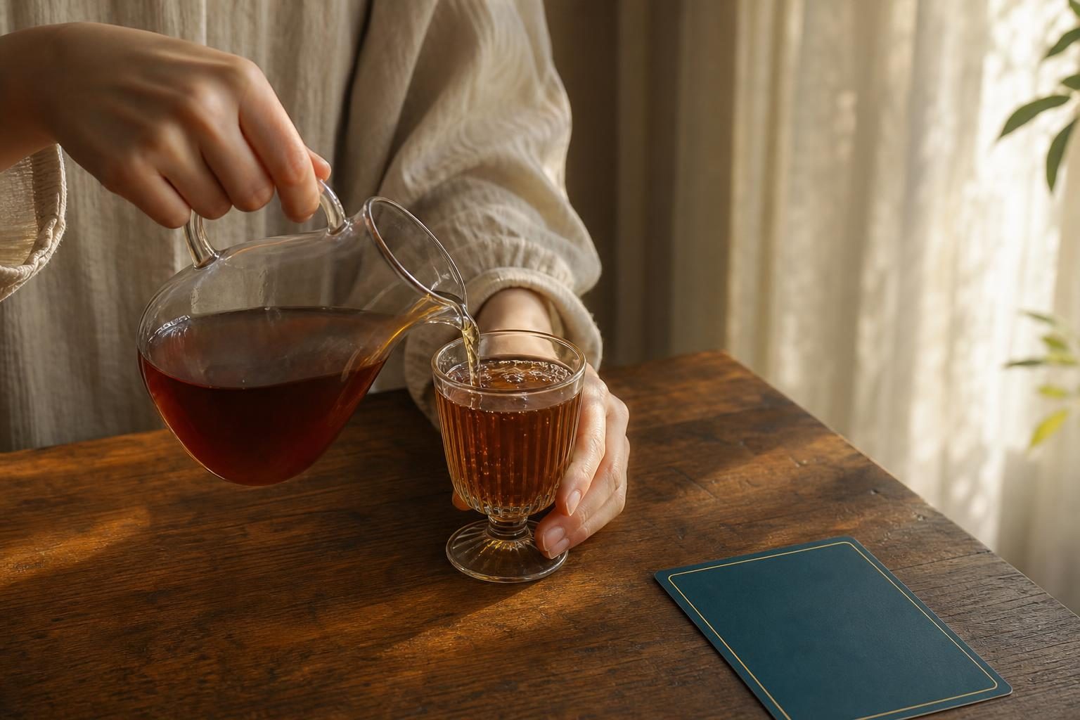 グラスに飲みものをゆっくりそそぎ、ふちの近くまで満たしているところを、手元だけ写した写真