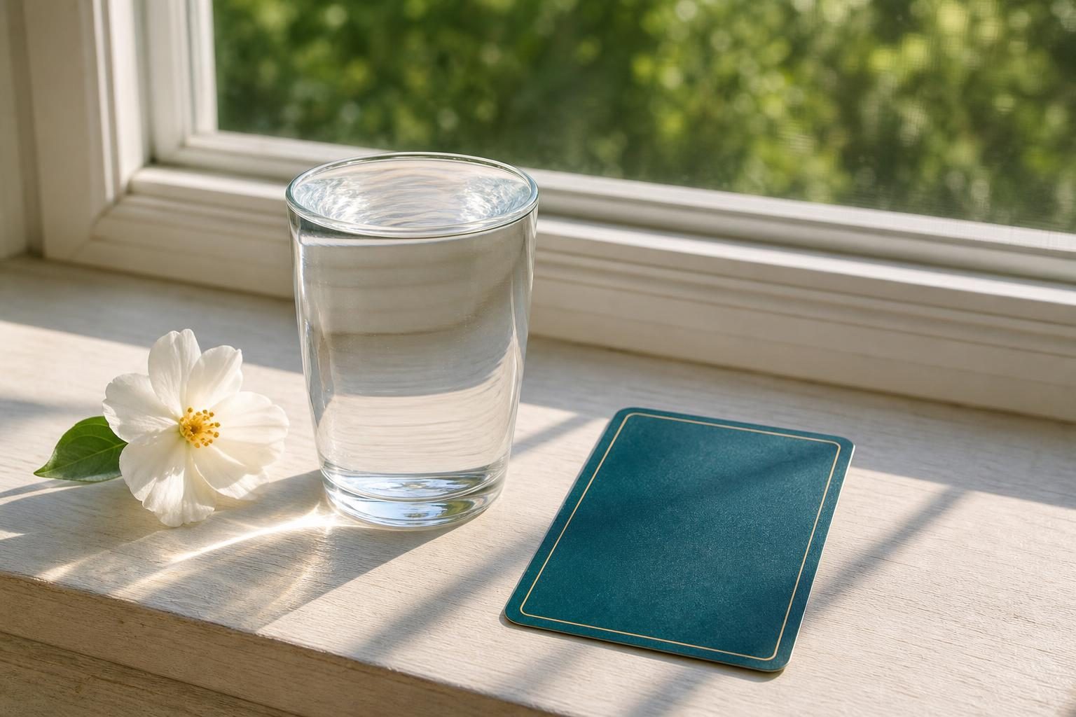 朝の光が差す窓辺のテーブルに、水をなみなみと入れた透明なグラスが1つと、伏せて置かれたタロットカード1枚