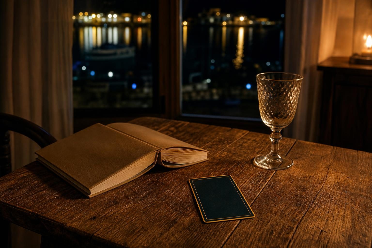 夜のテーブルの上に、ガラスの杯と、読みかけの本、伏せたタロットカード1枚