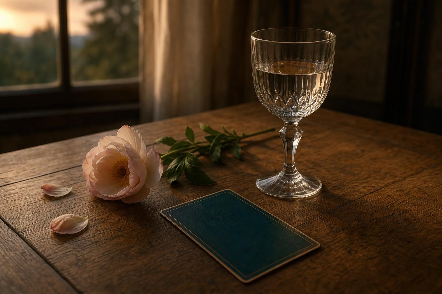 夕方のやわらかい光が入る部屋のテーブルに、水を入れた脚つきのガラスの杯と、一輪の花、伏せて置かれたタロットカード1枚