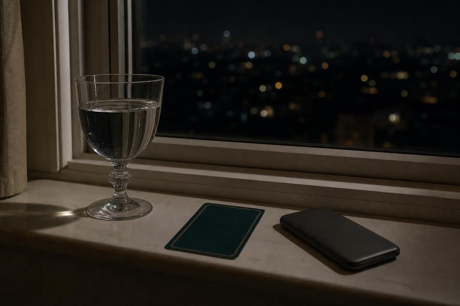 夜の窓辺に、水を入れたガラスの杯と、伏せたタロットカード1枚、画面を下にしたスマートフォンが置かれている