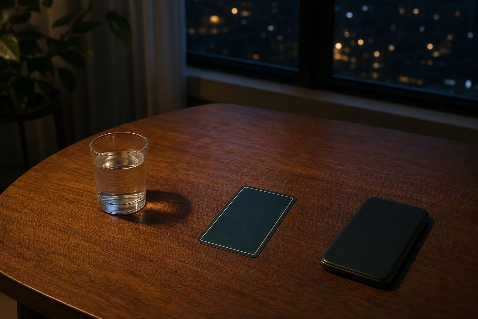 夜のテーブルの上に、小さなガラスのコップと、伏せたタロットカード1枚、スマートフォンが画面を下にして置かれている