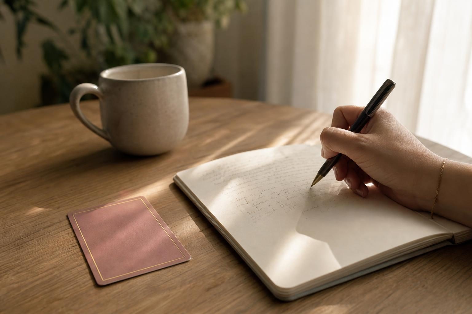 朝の光が差す部屋で、ノートに小さな目標を書きとめている手元と、そばに伏せて置いた1枚のタロットカードとマグカップ