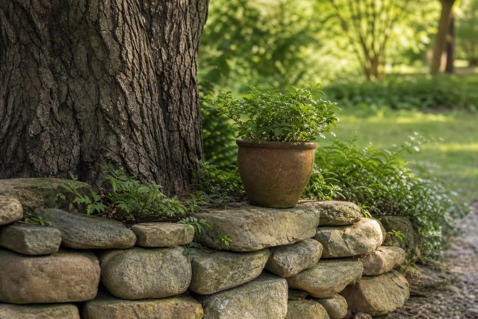 庭の木の根もとに、しっかりと積まれた石垣と、その上に置かれた小さな植木鉢