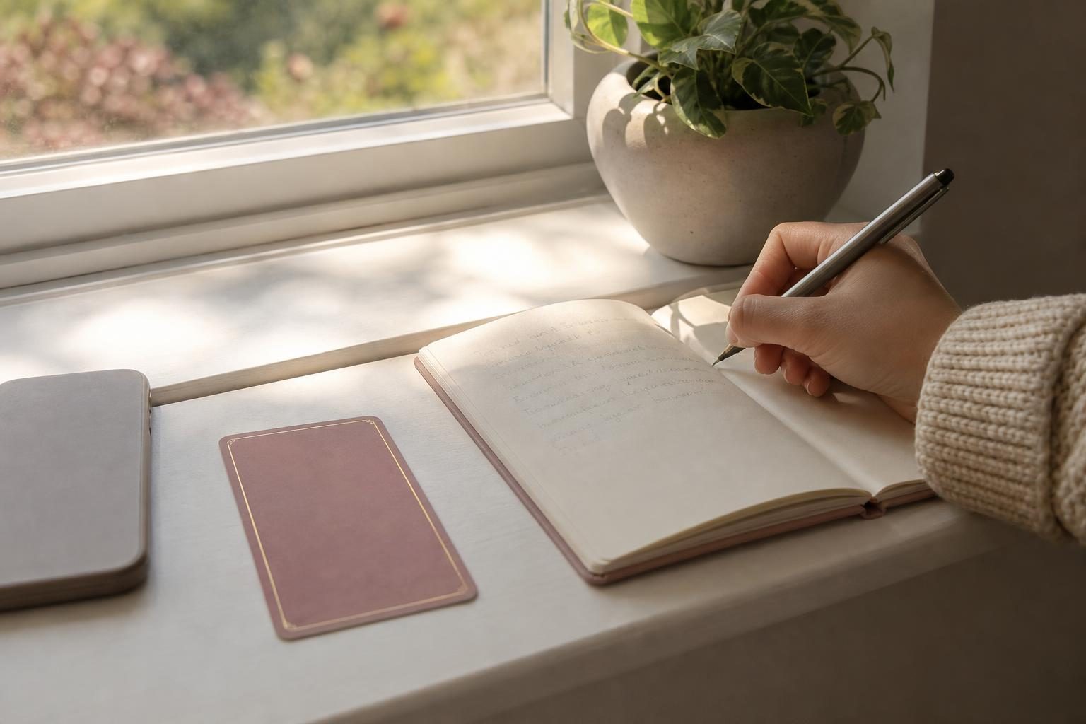 朝の光が差す窓辺で、ノートに書きものをしている女性の手元と、そばに伏せて置いた1枚のタロットカードと小さな観葉植物