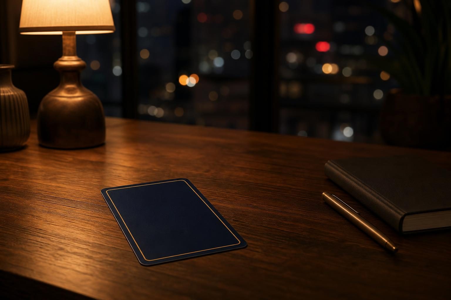 夜のテーブルに伏せたタロットカードとノート、ペン