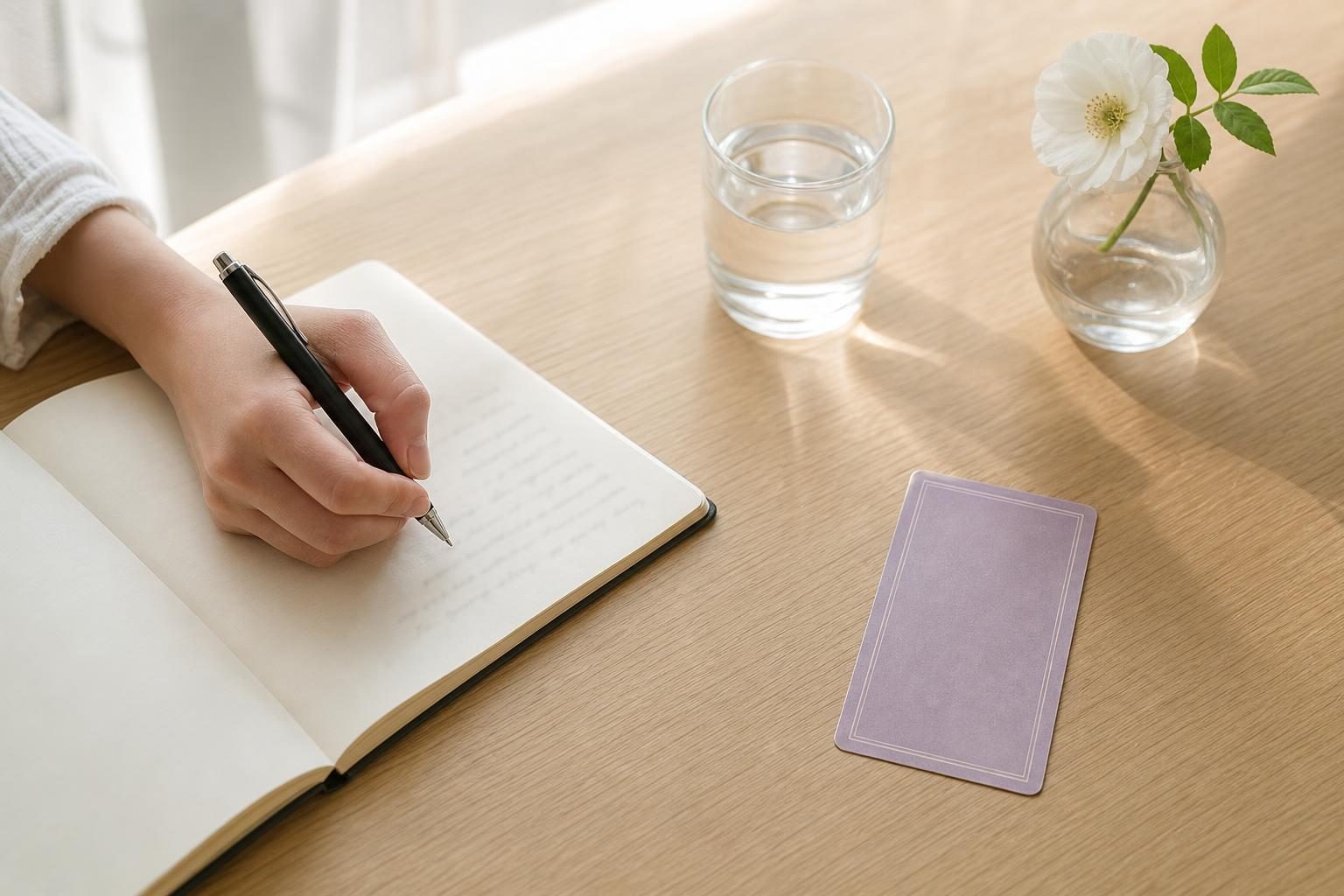 朝の部屋でノートに書きものをする手元と伏せたタロットカード