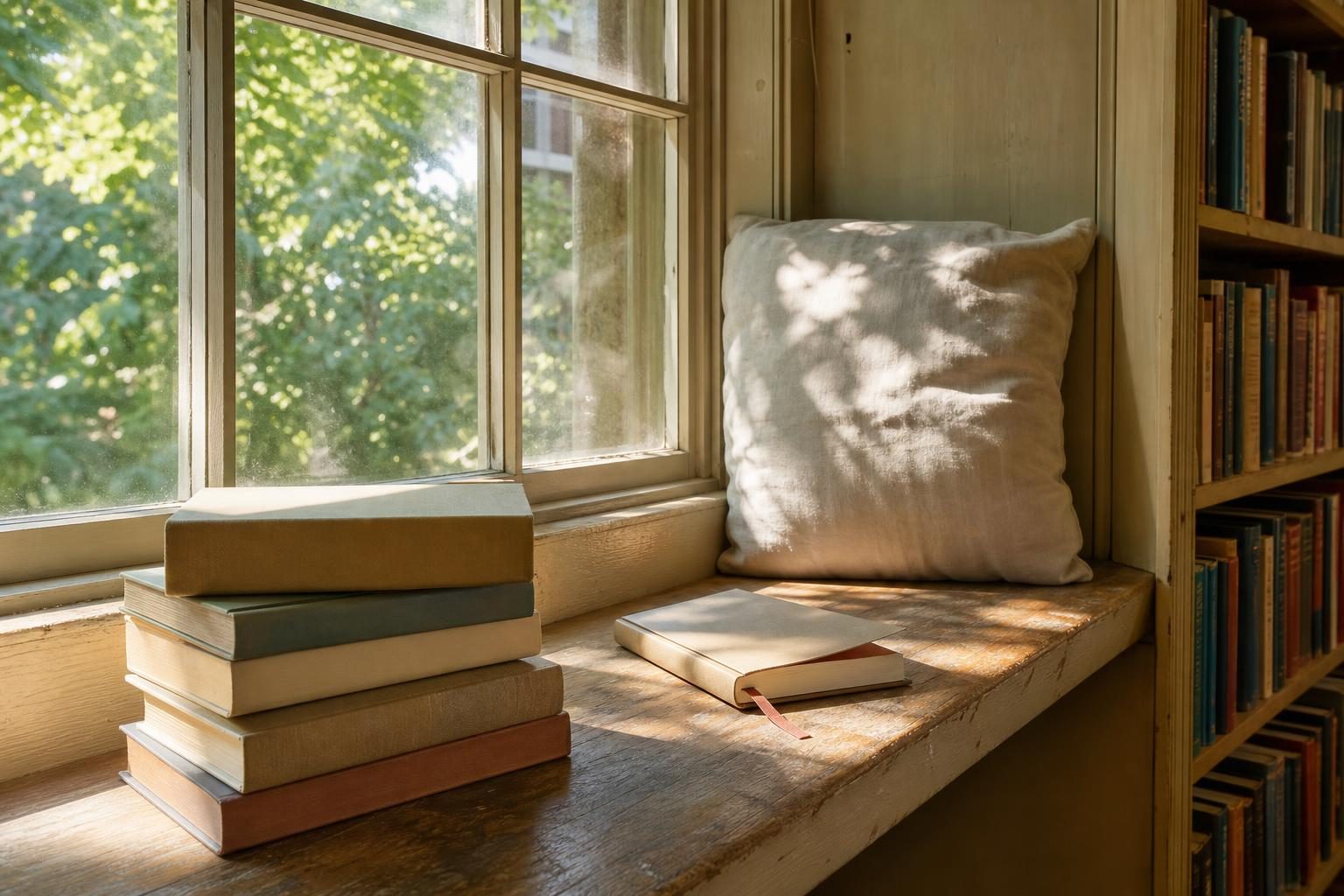 木もれ日の差す図書館の窓辺の席に、重ねた本と、しおりをはさんだノート