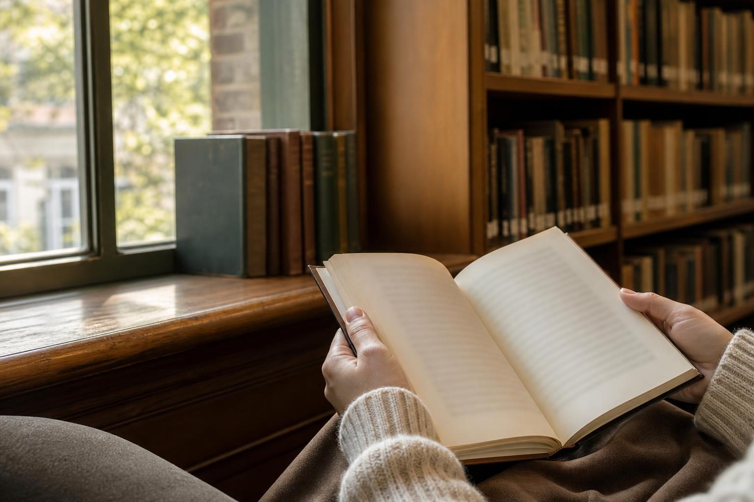 静かな図書館の窓際の席で、本を開いて読む人の手元
