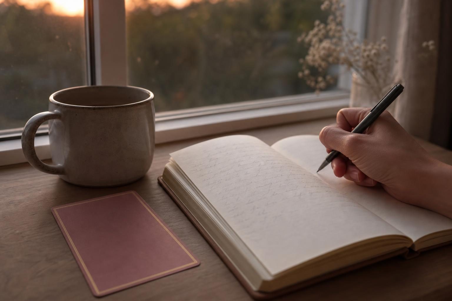 夕方の窓辺で、ノートにペンで書きものをしている女性の手元と、そばに伏せて置いた1枚のタロットカードとマグカップ