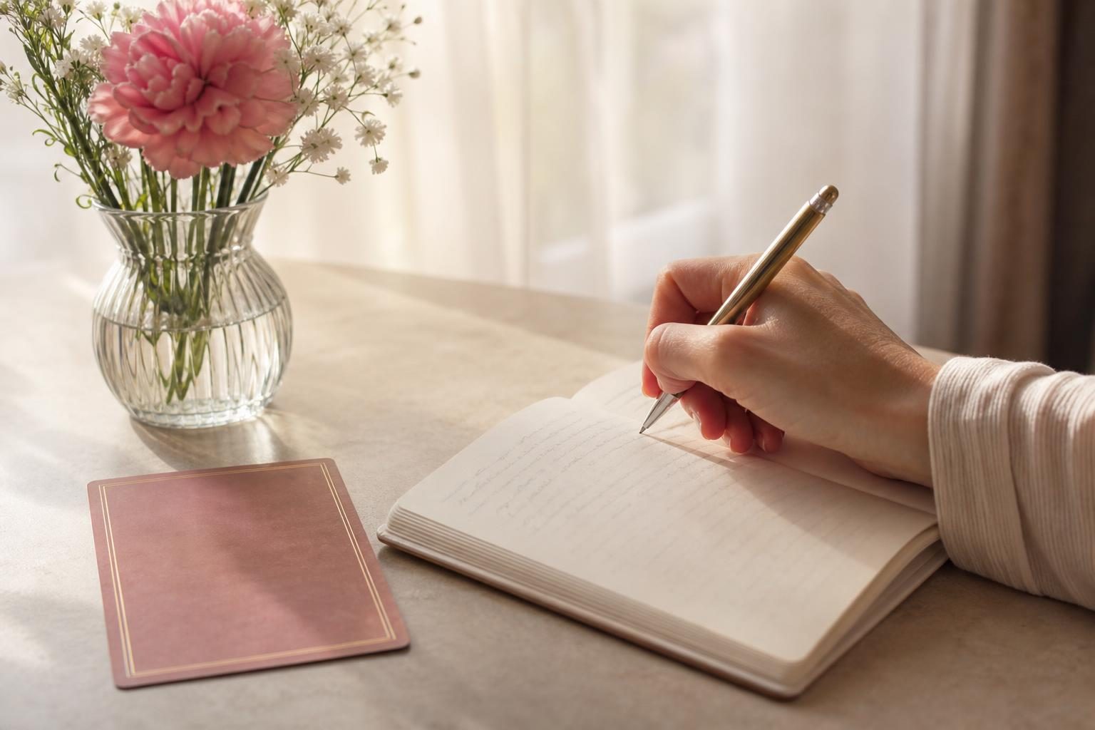 朝の光が差す部屋で、ノートにペンで何かを書きとめている女性の手元と、そばに伏せて置いた1枚のタロットカードと小さな花びん