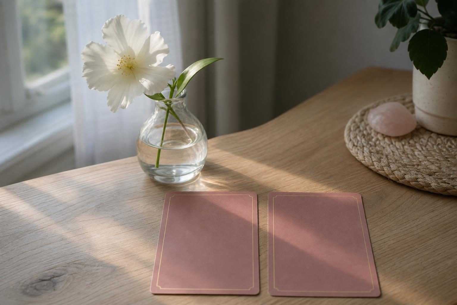 やわらかい朝の光が入るテーブルに、白い花を1輪さした小さな花びんと、伏せて置かれたタロットカード2枚