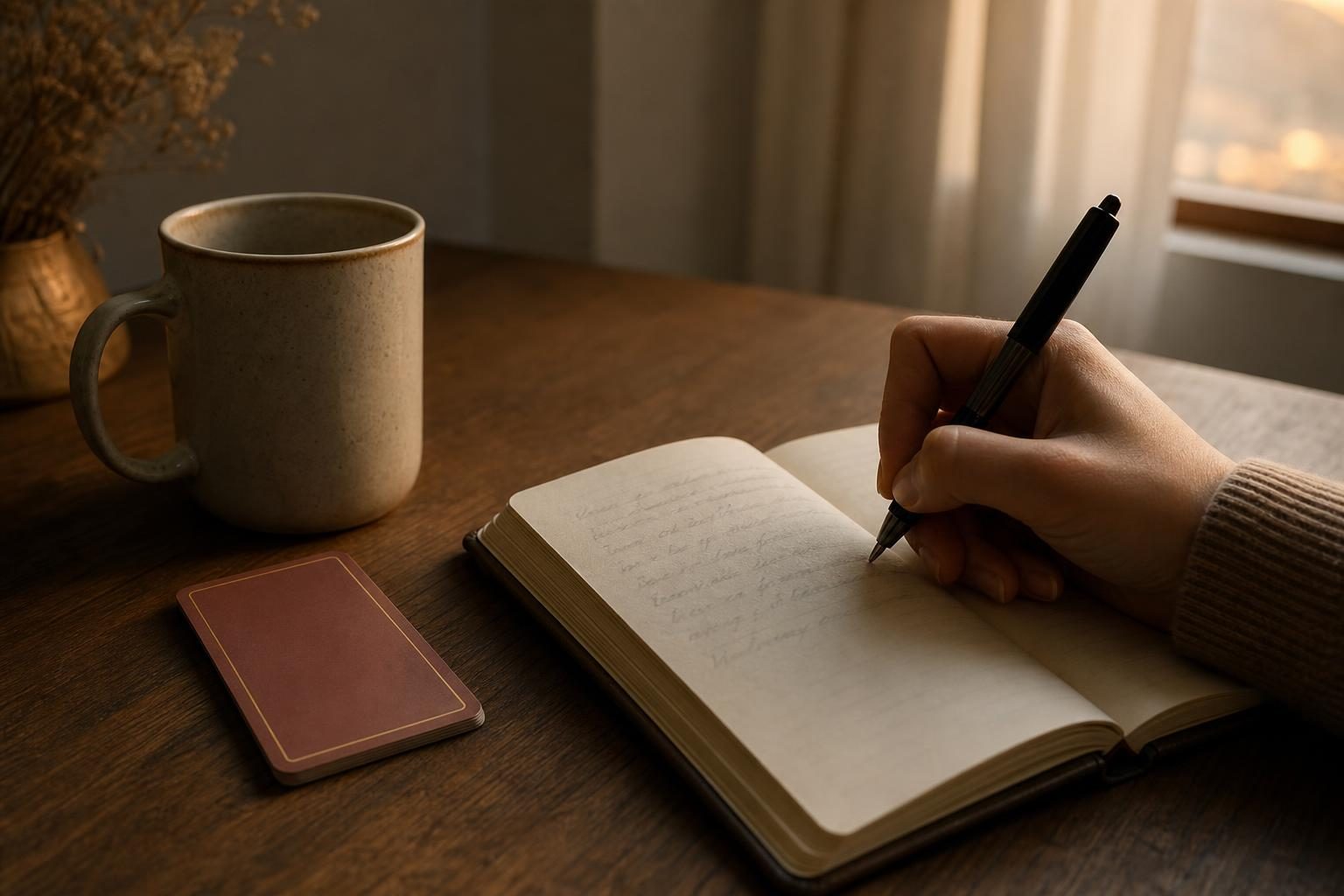 夕方の部屋で、ノートにペンで何かを書きとめている女性の手元と、そばに伏せて置いた1枚のタロットカードとマグカップ