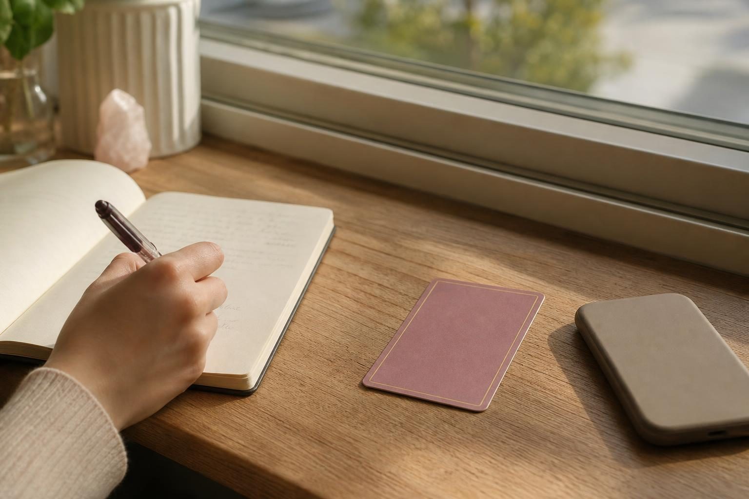 朝の光が差す窓辺で、ノートに書きものをしている女性の手元と、そばに伏せて置いた1枚のタロットカード