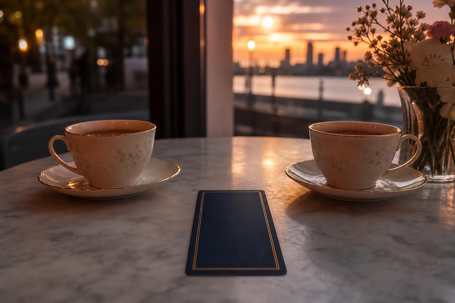 夕方のカフェのテーブルに、伏せたタロットカード1枚と、向かい合わせに置かれた2つのティーカップ