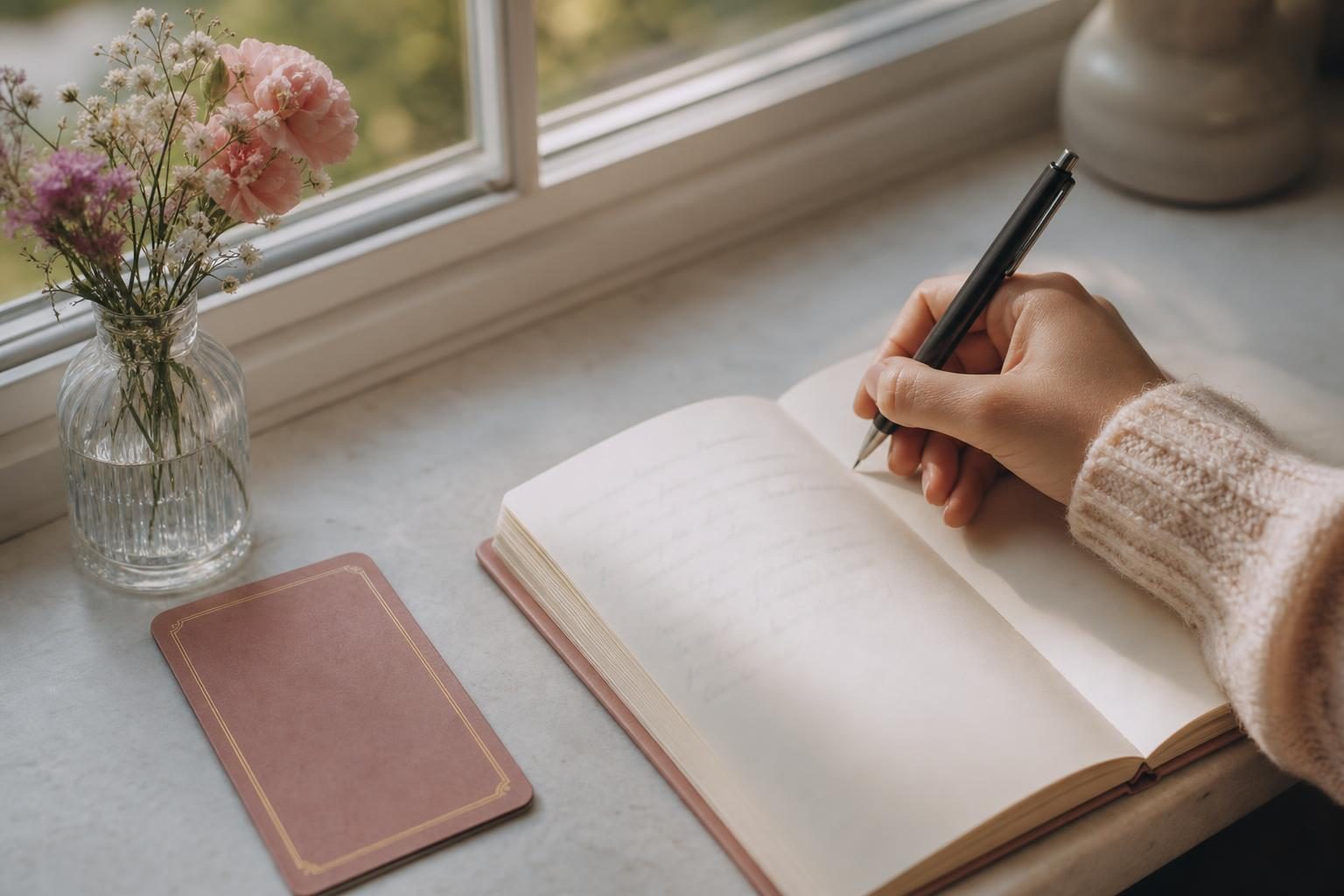 朝の光が差す窓辺で、ノートに書きものをしている女性の手元と、そばに伏せて置いた1枚のタロットカードと小さな花びん