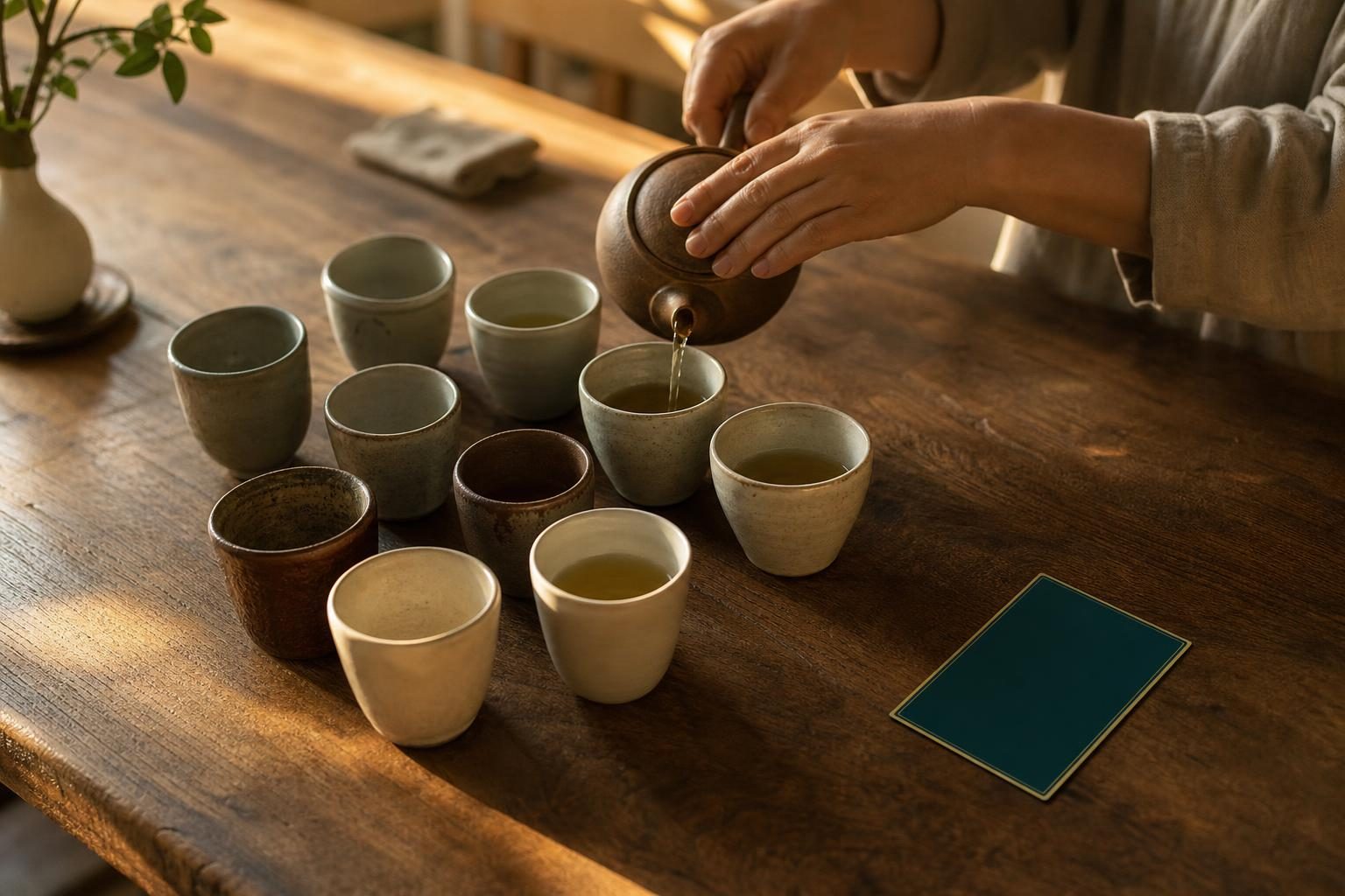 大きな木のテーブルに並んだいくつもの湯のみに、急須でお茶をそそいでいるところを手元だけ写した写真