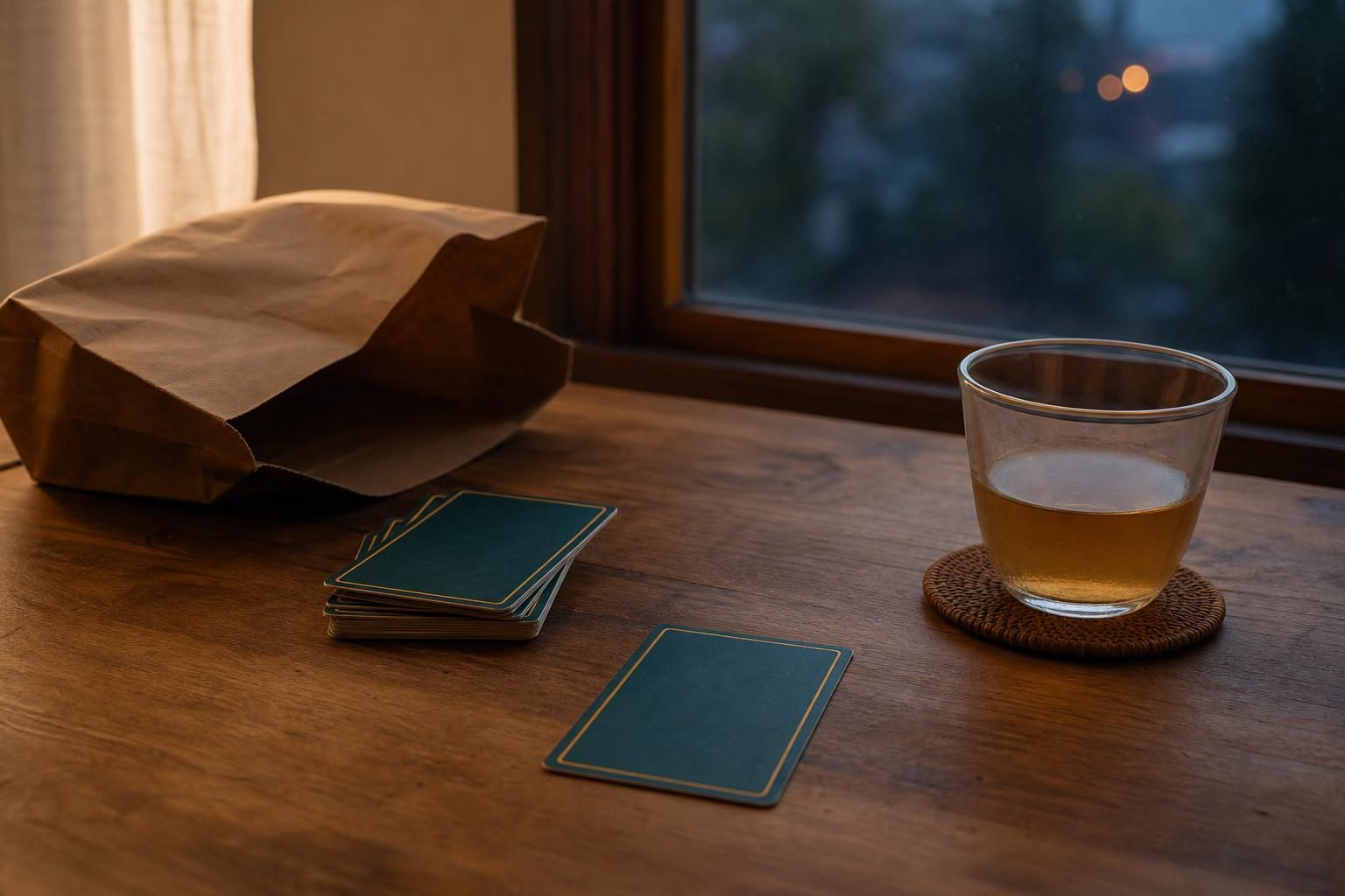 夕方の机の上に、中身の少ない紙袋と、飲みかけのお茶、伏せたタロットカード1枚が少し散らかった様子で置かれている