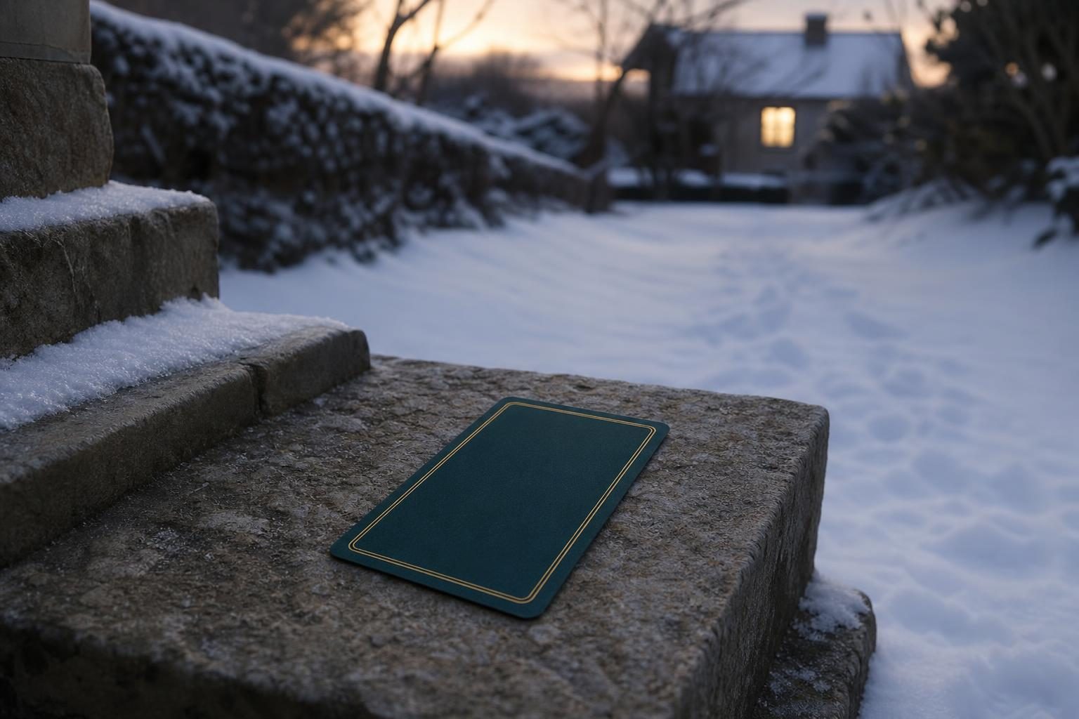 冬の夕方、雪の積もった道の向こうに、あたたかい黄色い明かりのともった窓がひとつ見える風景