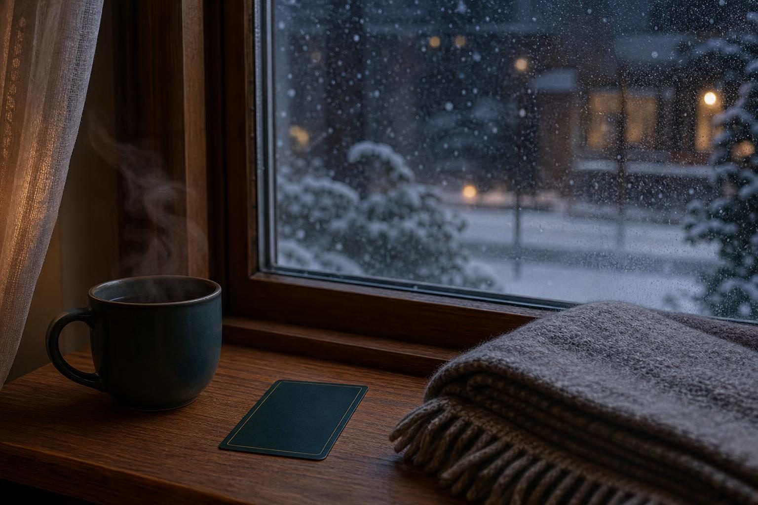 雪の夜、窓の内側から見た部屋の様子