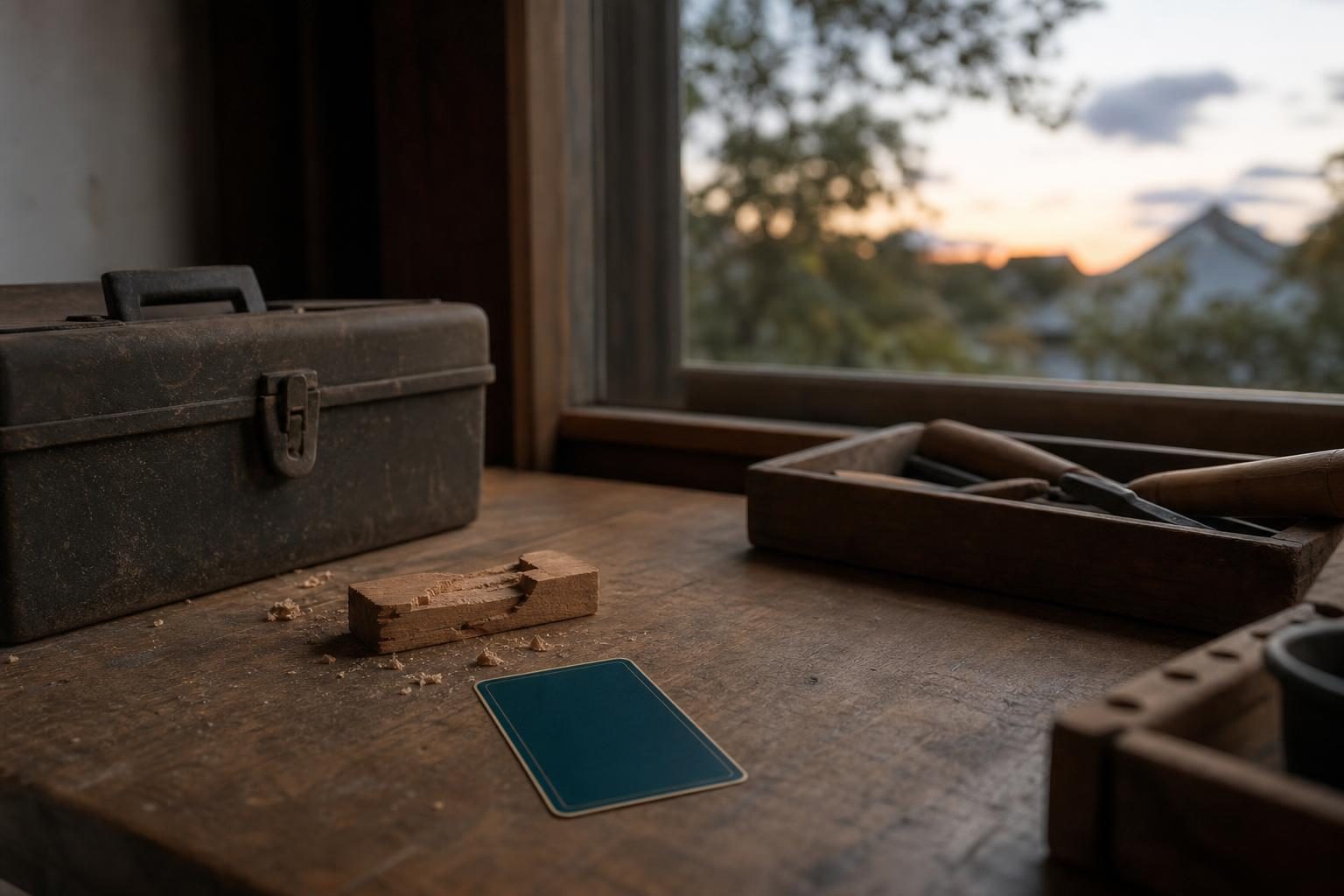 夕方の作業机に、ほこりをかぶった道具箱と、途中でやめたままの木片、伏せたタロットカード1枚