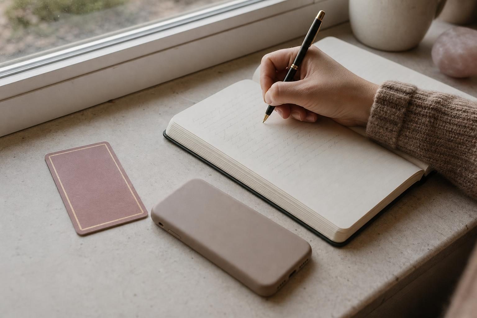 朝の光が差す窓辺で、ノートに書きものをしている手元と、そばに伏せて置いた1枚のタロットカード