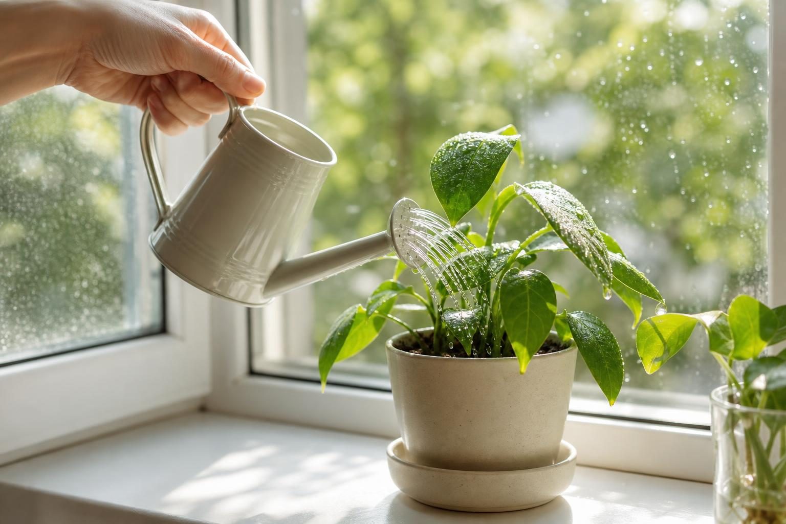 朝の光の中、じょうろで窓辺の鉢植えに水をやる手元