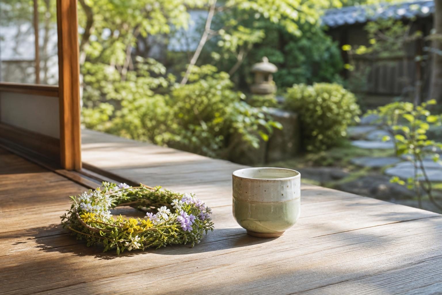 日だまりの縁側に置かれた、野の花を編んだ小さな花輪と、湯のみ