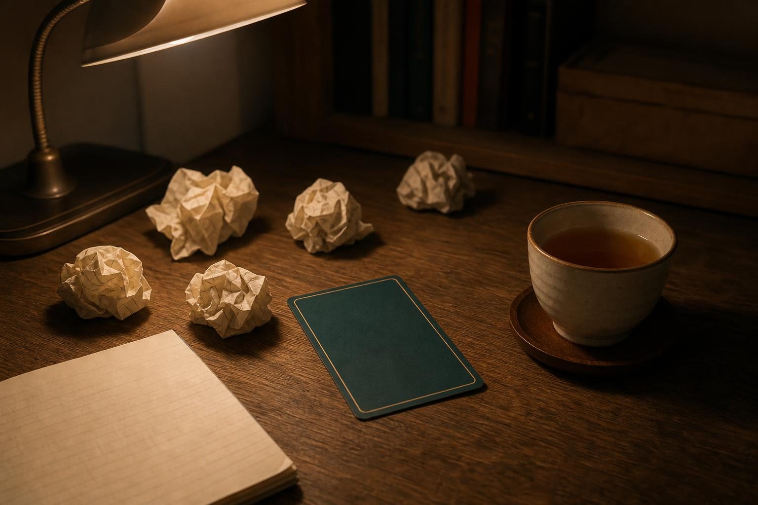 夜のデスクに、書きかけでぐしゃっと丸めたメモ用紙がいくつかと、伏せたタロットカード1枚、温かいお茶の入った湯のみ